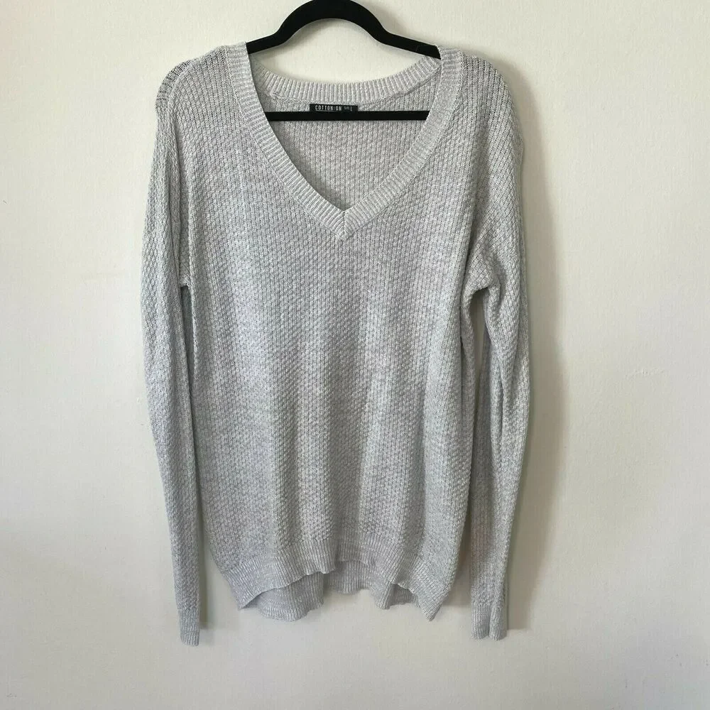 Cotton On Gray V-Neck Light Weight Knit Long Line Banded Sweater Jumper Large